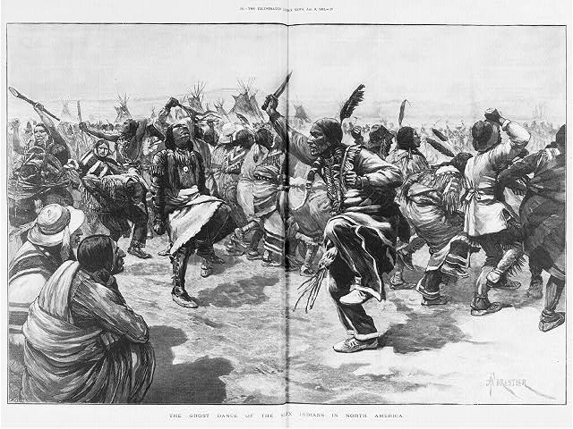 A drawing that shows a group of Native Americans performing the Ghost Dance